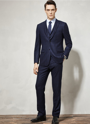 男士韩版修身西服套装蓝色格子两粒扣西装